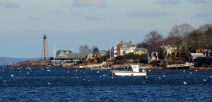 Marblehead Neck viewed from the causeway to the mainland, in Marblehead, Massachusetts. The lighthouse is Marblehead Light, a cast-iron skeletal structure, completed in 1895. Photo credit: Mr.TinDC 